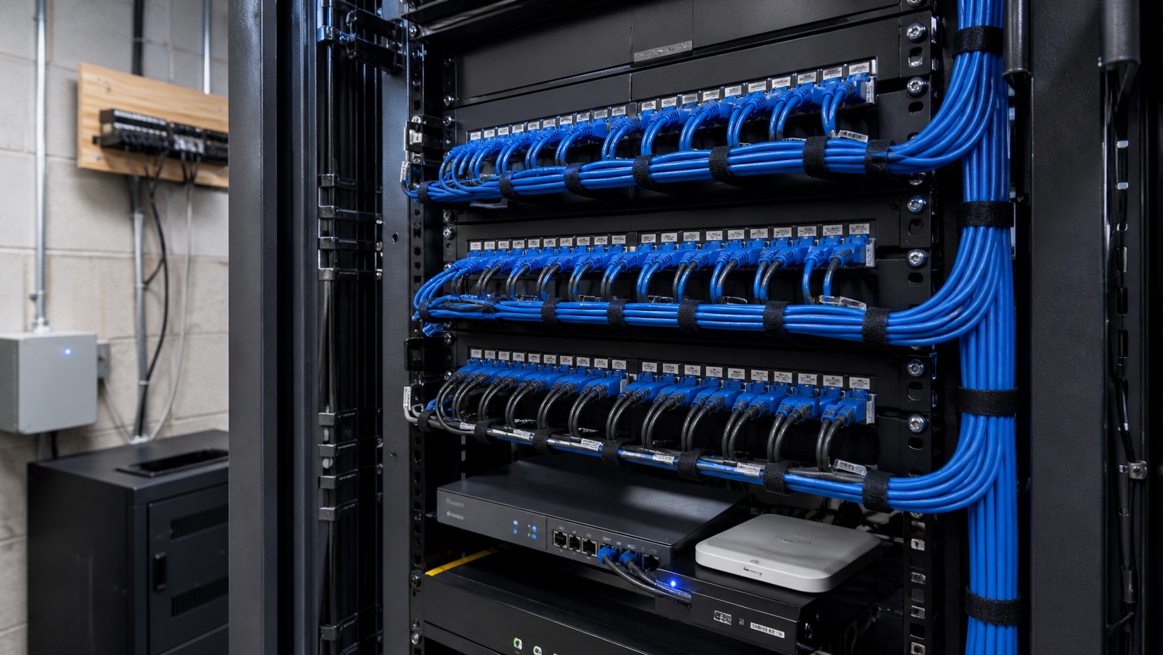 Illustrative view of an organized commercial network rack with blue structured cabling