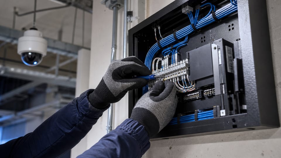 Illustrative technician organizing security and access-control cabling near a camera